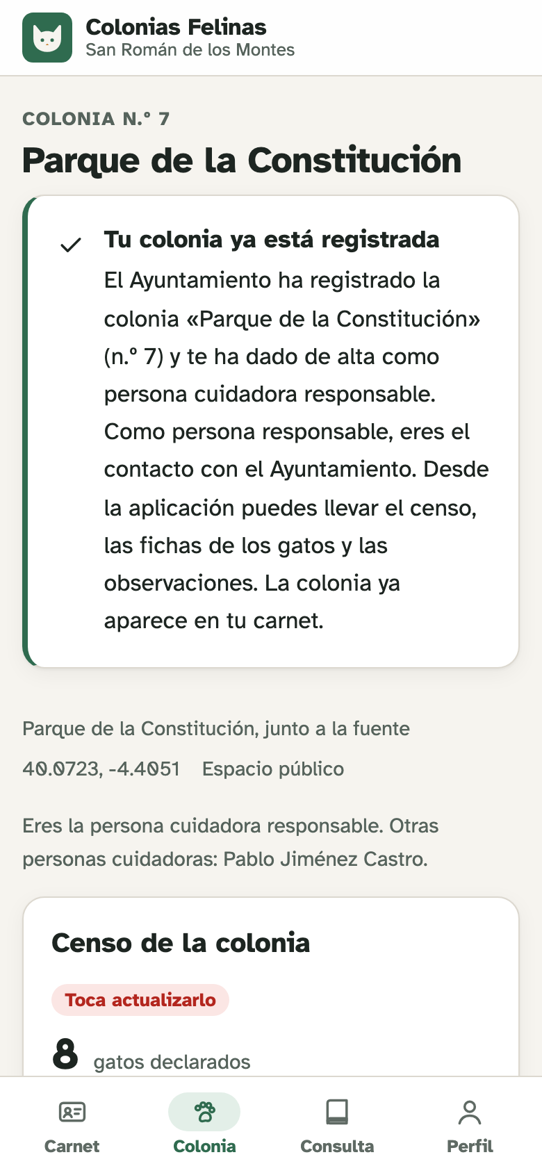 Ficha de una colonia con su censo
