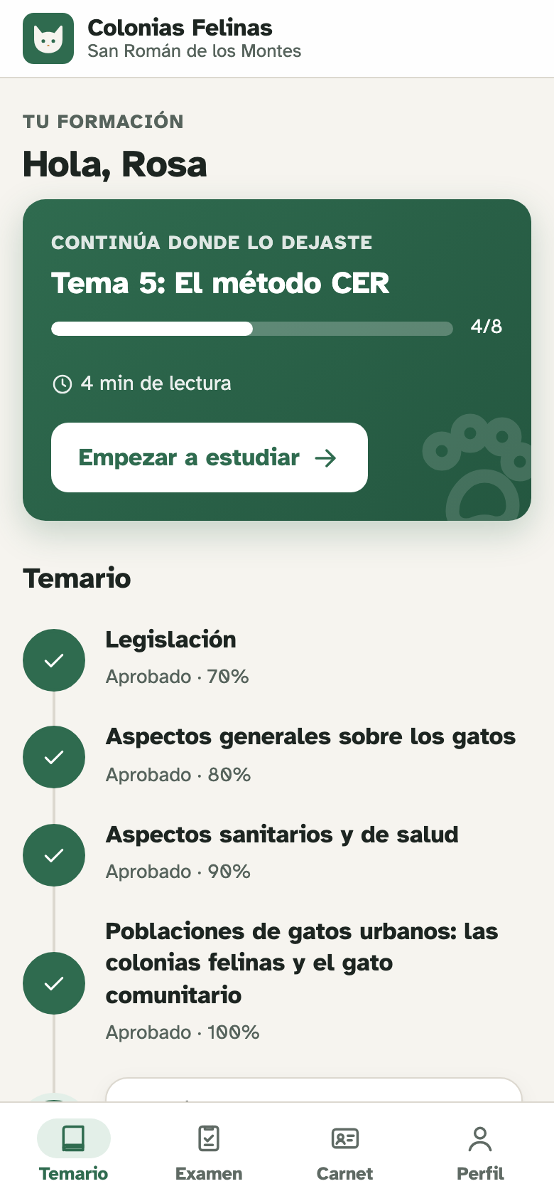 Pantalla del curso con el temario por unidades